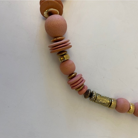 Chunky Pink Wooden + Gold Tone Beaded Necklace - Picture 2 of 5